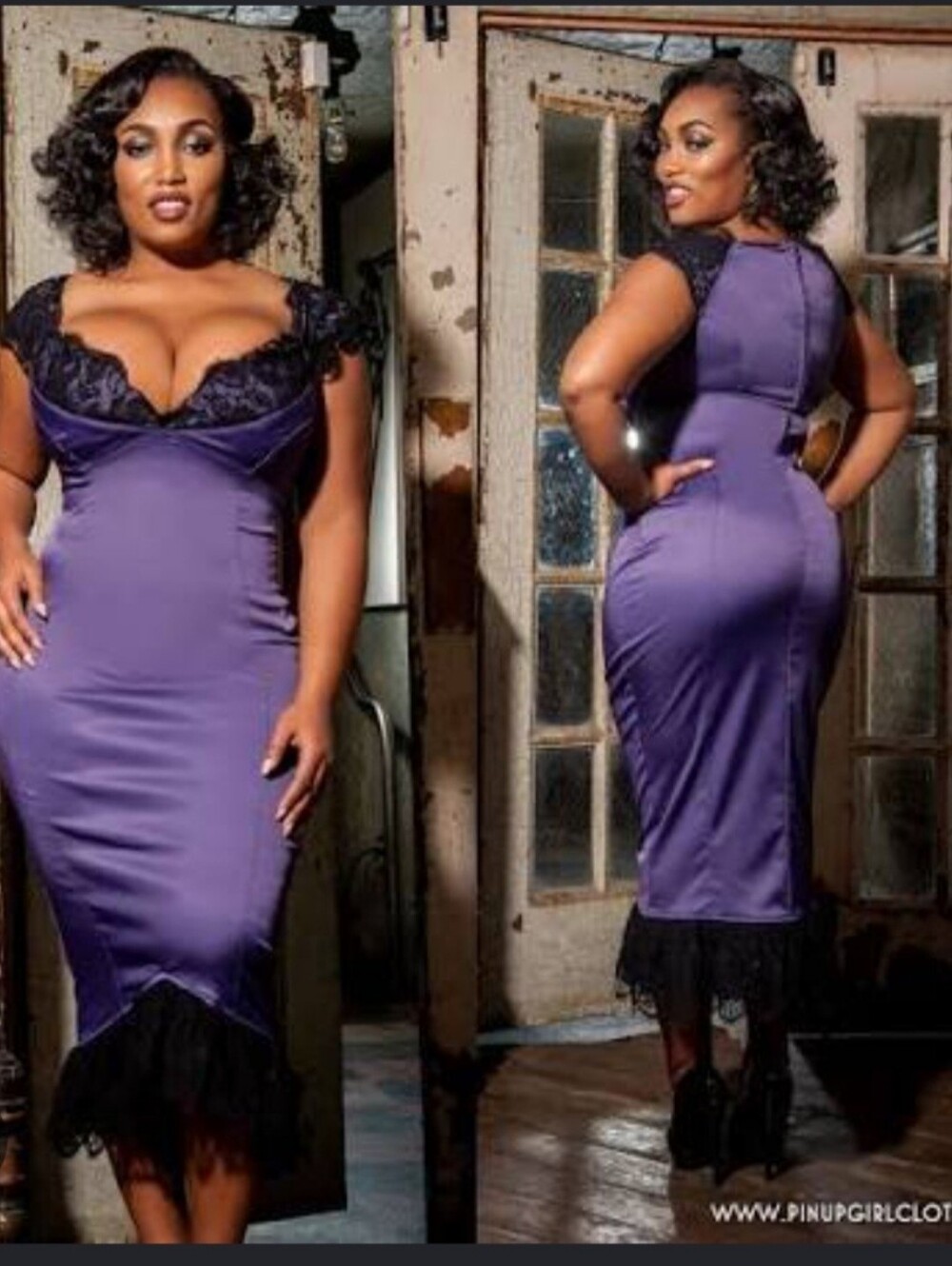 Pin Up Girl LAURA BYRNES Purple Lace-Trim Satin Evening Dress